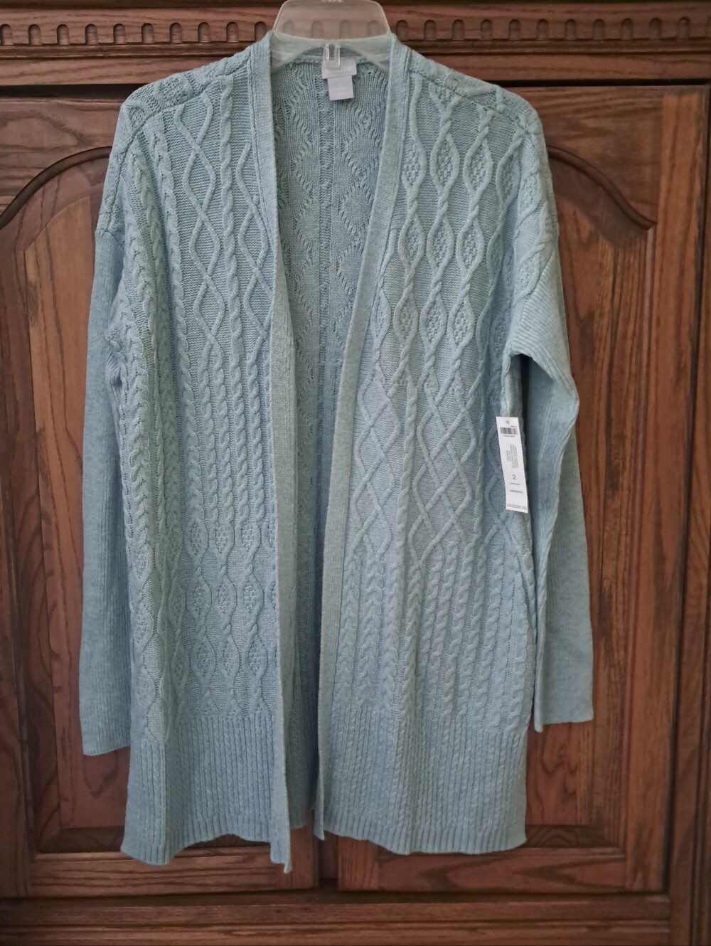 Chico's 2 Light Green Open-Front Cable Knit Cashmere Blend Women's Cardigan Sz12